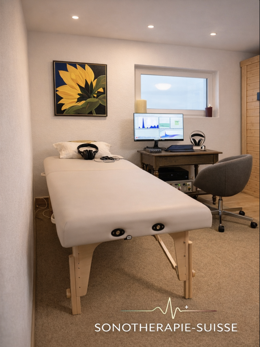 Sound Table treatment room at SonoTherapie-Suisse featuring the Neuroacoustic Sound Table